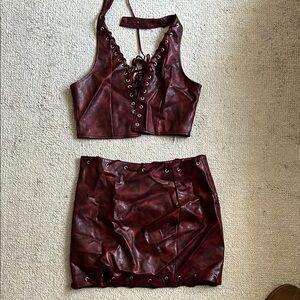 PrettyLittleThing Burgundy Faux Leather Mini Skirt Set
